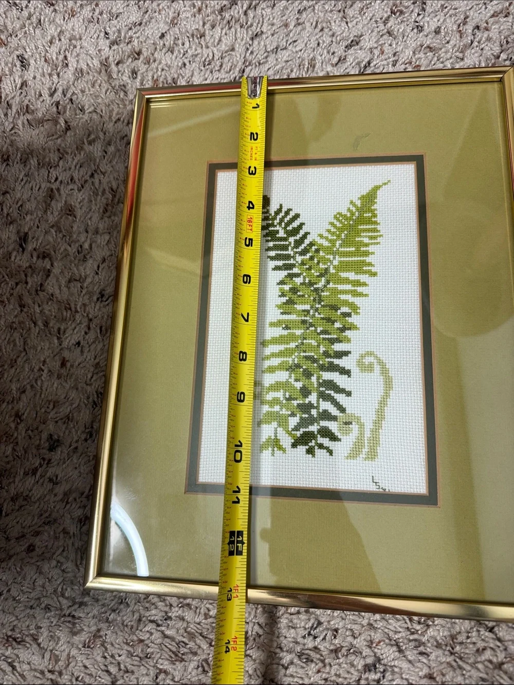 Vintage cross stitch fern leaves framed